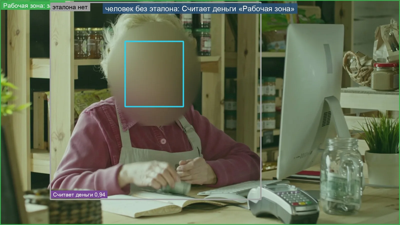 Shop assistant counting banknotes at the counter — action “Counting cash”; face blurred