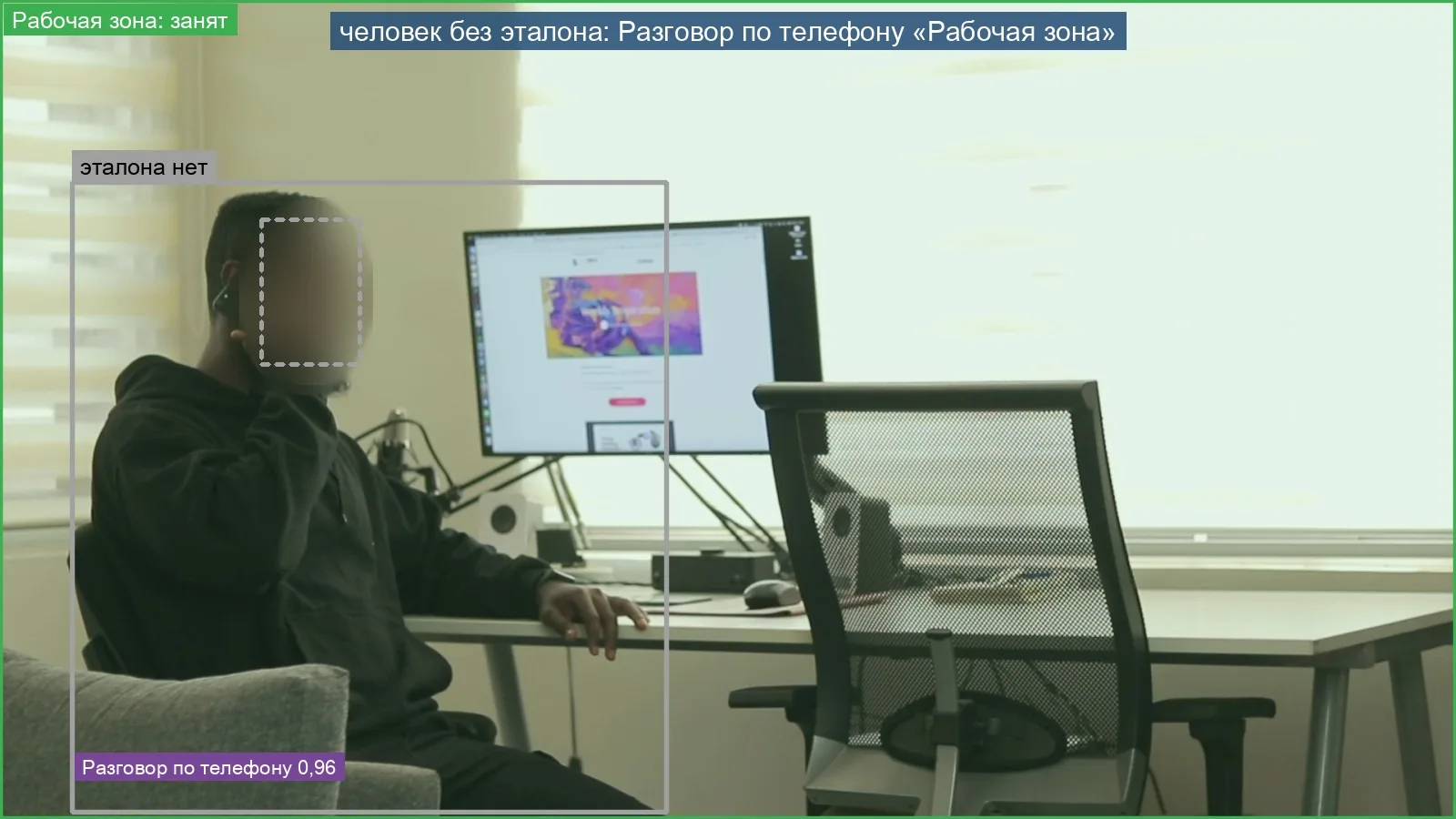 Сотрудник говорит по телефону за рабочим столом — ИИ n7kel отмечает действие «Разговор по телефону»; лицо размыто